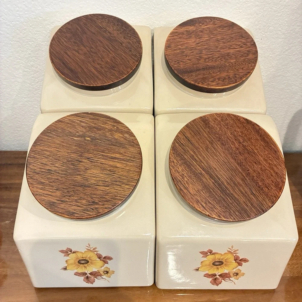 Vintage Hyalyn USA Mid-Century Modern Wildflowers Canister Set of 4 Wooden Lids